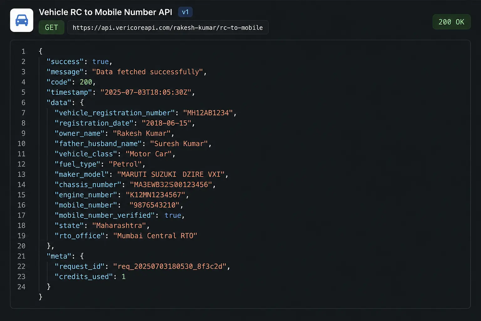 Vehicle RC to Mobile Number API
